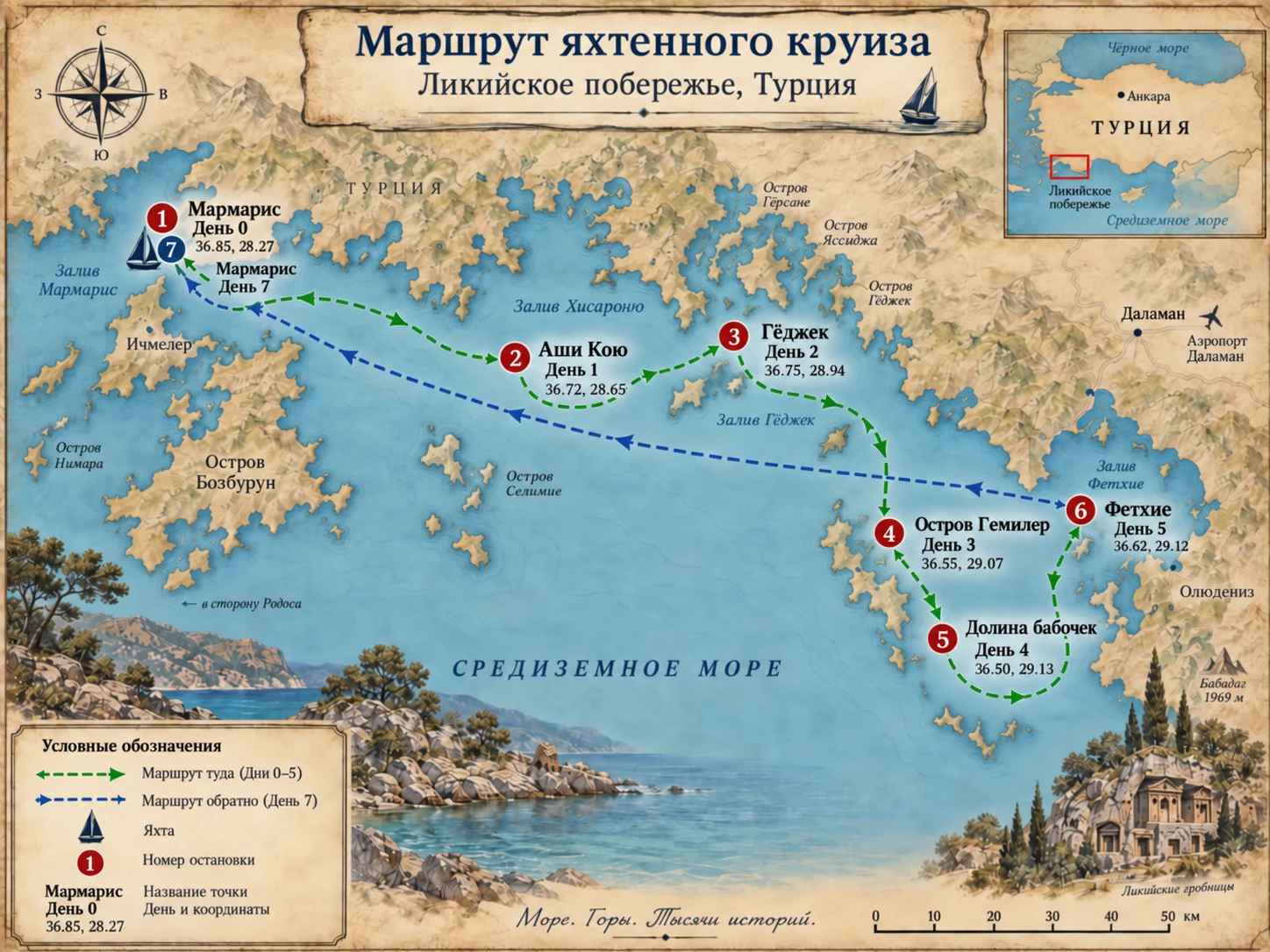 Карта путешествия: Мармарис, Аши Кою, Гёчек, Гемилер, Долина бабочек, Фетхие и возвращение в Мармарис