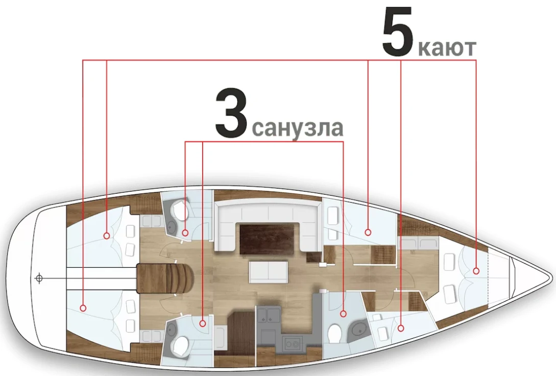 Планировка Bavaria 50: пять кают, три санузла, кают-компания и кухня